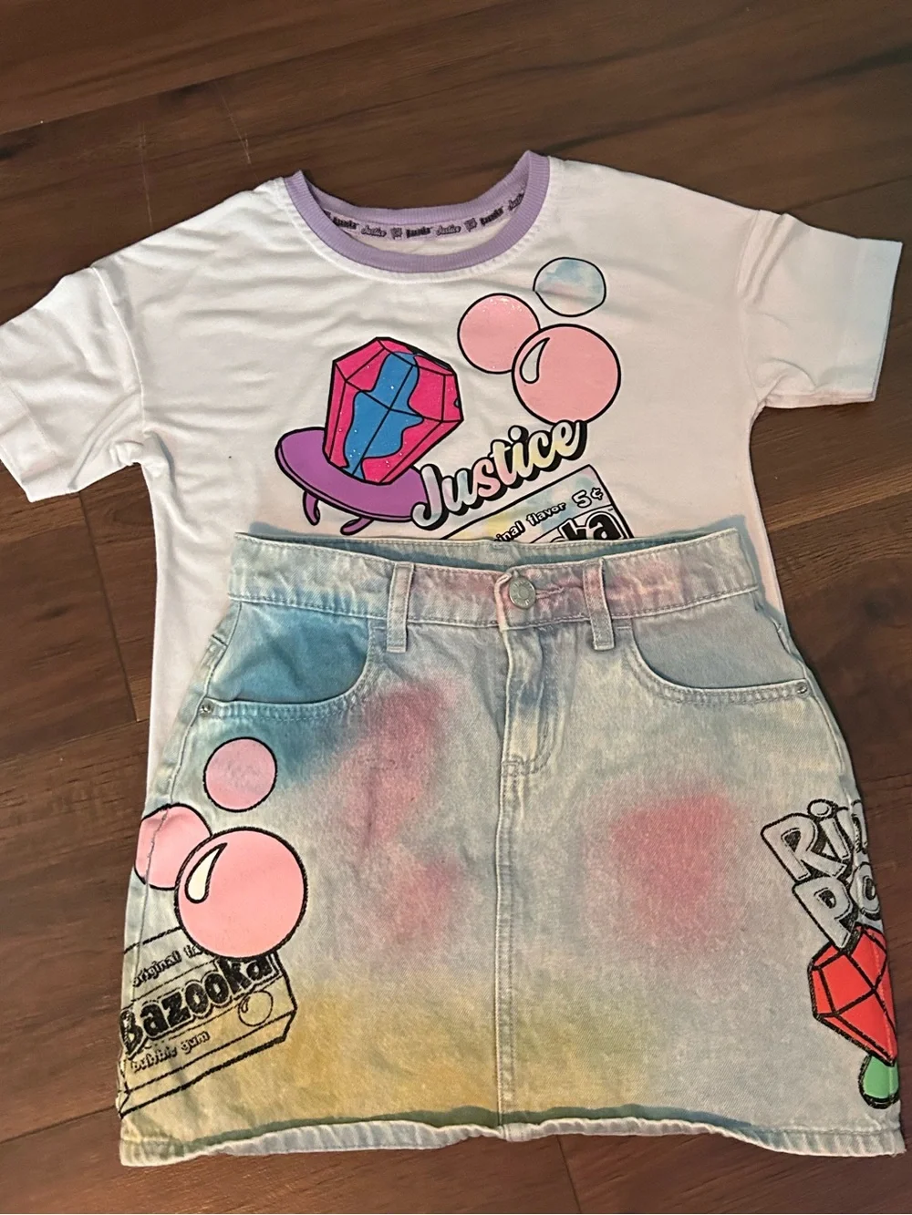 5 for $20! Justice White Tee with Purple Trim & Pink Bubble Graphic